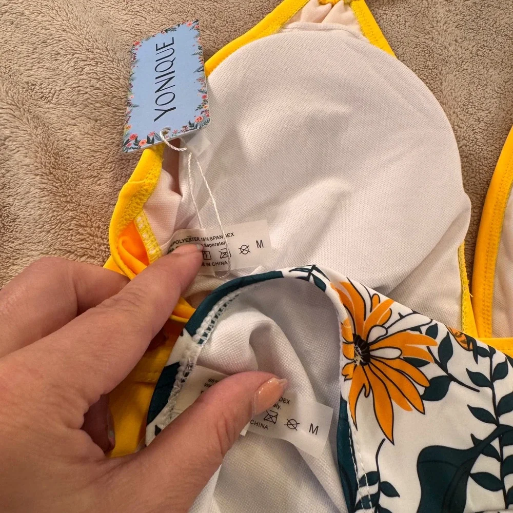 NWT Yonique Yellow‎ Ruched Halter Tankini High Waist Floral Bikini Swimsuit Sz M